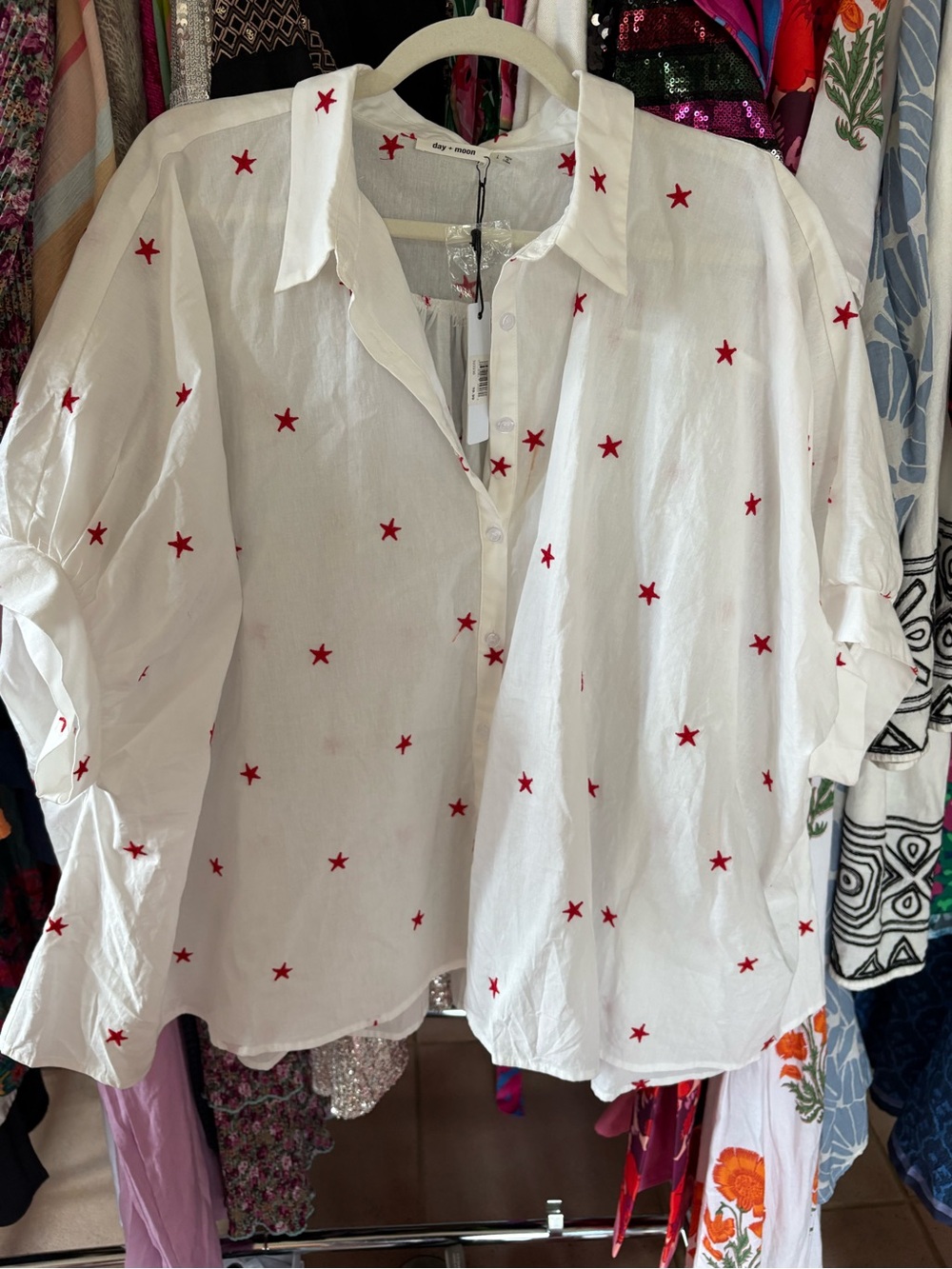 White Button-Down Shirt with Red Star Embroidery - Women's Casual Top